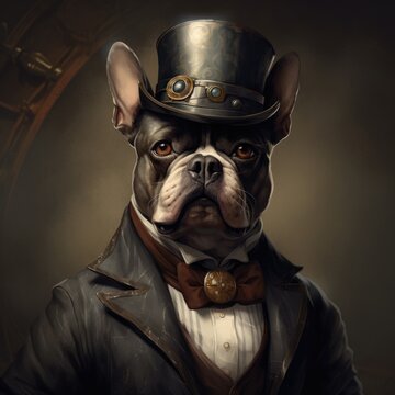 A painting of a bulldog dog wearing a top hat. Generative AI.