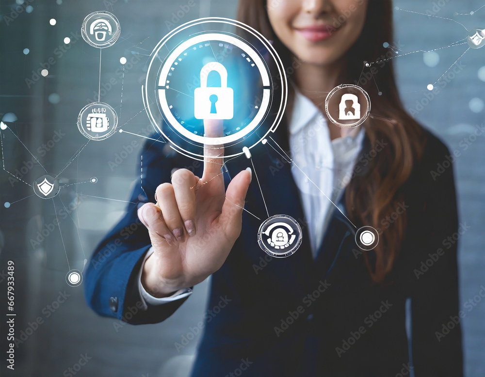 Aufkleber customer is pressing identity proofing icon for security protection systems on virtual screen. quali