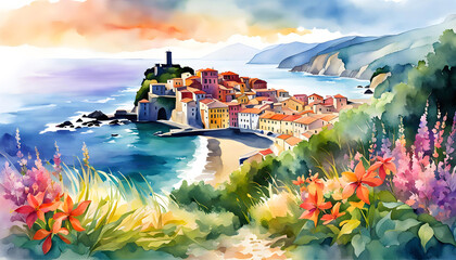 Digital colorful watercolor illustration of an Italian landscape with flowers, branches, and flying falling leaves