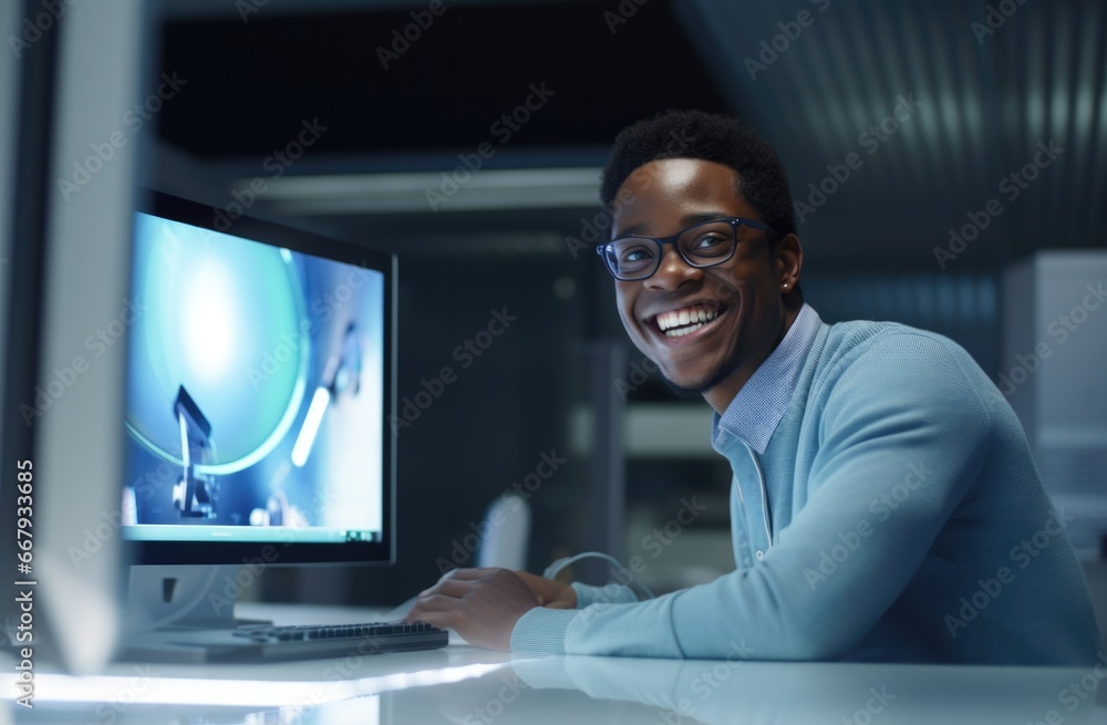 Poster a man sitting in front of a computer monitor. generative ai.