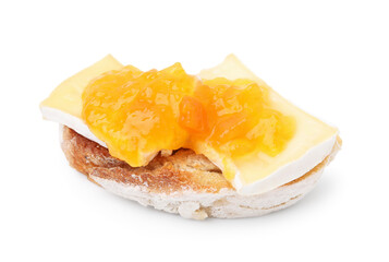 Tasty sandwich with brie cheese and apricot jam isolated on white