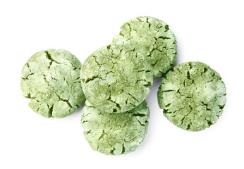 Pile of tasty matcha cookies on white background, top view