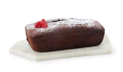 Tasty chocolate sponge cake with powdered sugar and currant isolated on white