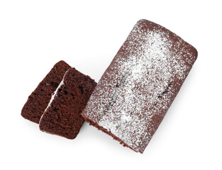 Tasty chocolate sponge cake with powdered sugar on white background, top view