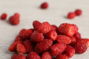 Pile of wild strawberries on white wooden table, closeup