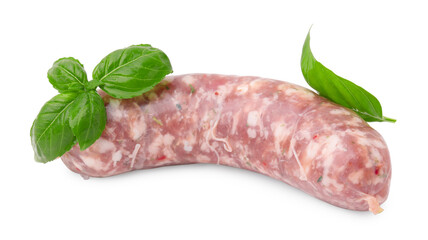 Raw homemade sausage and basil leaves isolated on white