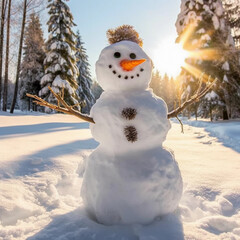 Fototapeta premium Panoramic view of happy snowman in winter