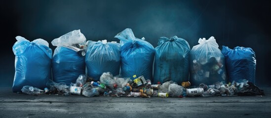 Trash filled blue bins on the ground alongside plastic bags - obrazy, fototapety, plakaty