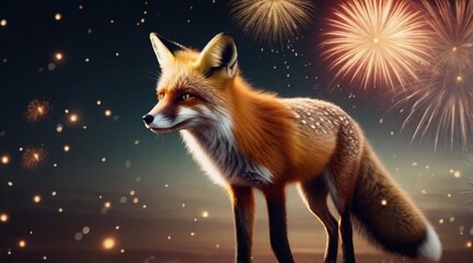 Fox against new year firework background with space for text, background image, AI generated