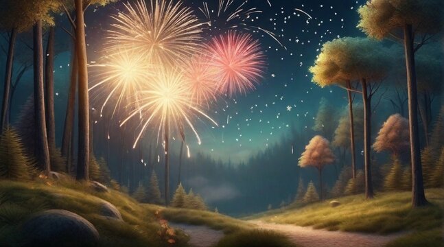 whimsical forest background image with new year firework, background image, AI generated