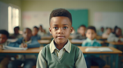A young boy standing in front of a classroom full of children. Generative AI.