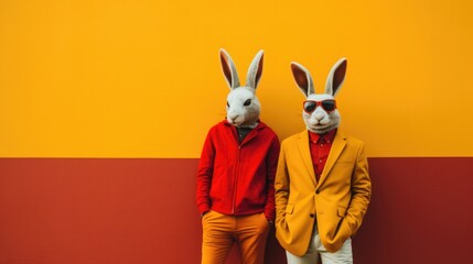 Two cool rabbits are standing next to each other. Ren and yellow background. Generative AI.