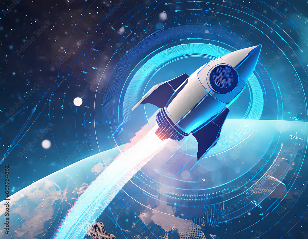 Poster digital rocket flies in orbit of planet earth. abstract light blue technological background. spacesh