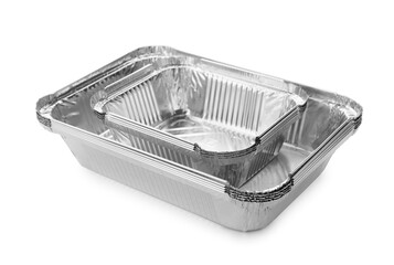 Many different aluminum foil containers isolated on white