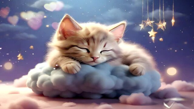 Cartoon baby lullaby, cute and adorable kitten sleeping on a cloud on a soft pastel color background with stars and crescent moon, in dreamland. Video Smooth looping animation