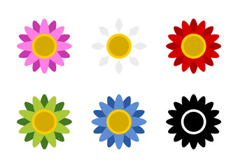 Colorful White Red Green Black Blue and Pink Daisy Chamomile Flower Symbol Icon Set. Vector Image.