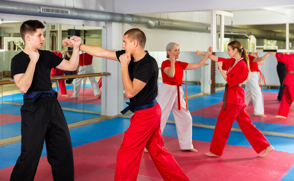Portrait of focused man wearing black and red sportswear sparring with young guy during martial arts training in gym