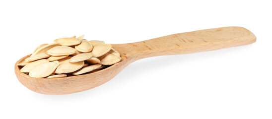 Wooden spoon with pumpkin seeds isolated on white