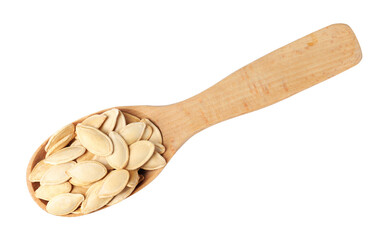 Wooden spoon with pumpkin seeds isolated on white, top view