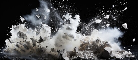 Stone fragments bursting into white powder on black backdrop