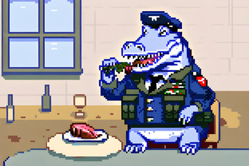 Soldier Crocodile eating steak.
Generative AI