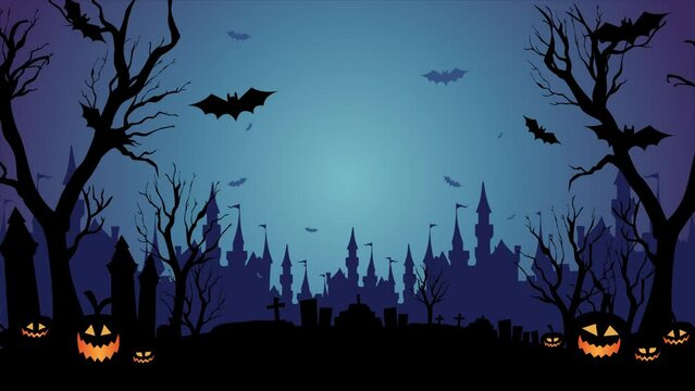Halloween night background in creepy graveyard with pumpkins and bat flying around video background. 2d vector animation.