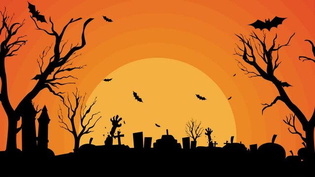 Halloween night background in creepy graveyard with pumpkins and bat flying around video background. 2d vector animation.