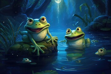 Frogs croaking in a moonlit pond.