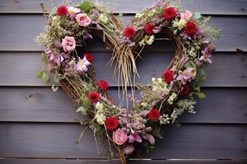 Heart-shaped wreath with wildflowers and rustic elements.