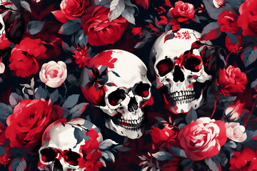 血のような赤い花と髑髏の不気味な背景 - obrazy, fototapety, plakaty