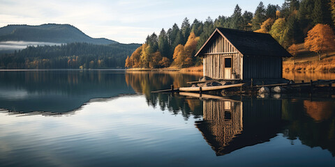 Vintage wooden boathouse on a calm Lake - Powered by Adobe