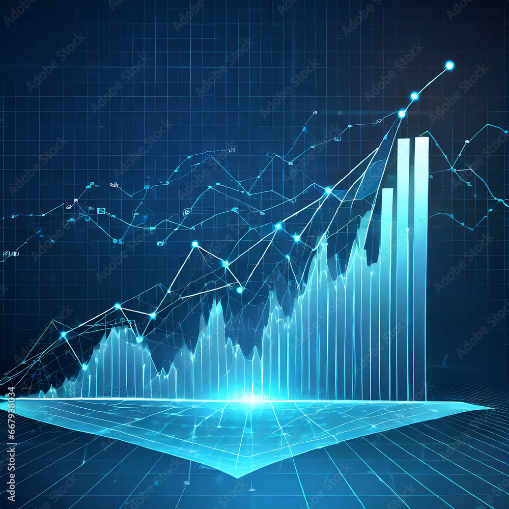 Poster hi-tech hologram of growing graph chart on blue background. digital low poly wireframe vector illust