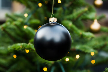 black bauble on decorated fir Christmas tree close up with copy space