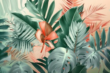 Vivid floral elements paired with delicate tropical leaves result in an elegant and captivating visual composition.