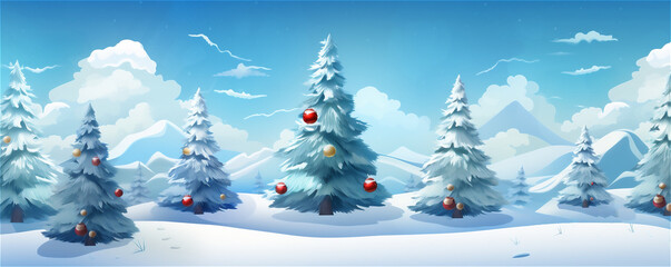 evergreen fir tree forest decorated and covered in snow in winter, Christmas banner