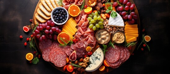 Top view of a charcuterie and cheese platter featuring assorted cheese cured meat sausage grapes and savory cookies