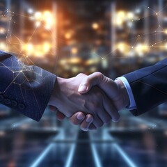 Two men shaking hands to solidify a business deal city view and  digital cyber overlay are in the background. - Generative AI