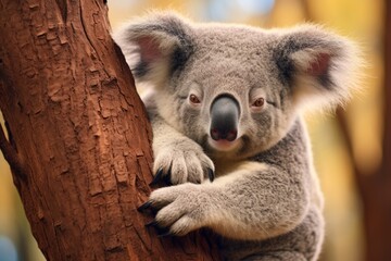 Lazy koala hugging a eucalyptus tree branch.