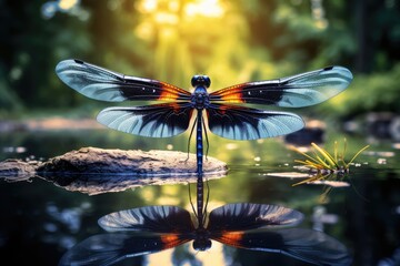 Majestic dragonfly hovering over a calm pond.