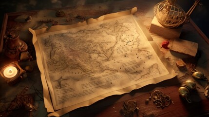 treasure map on a table surrounded by ancient objects, illuminated - obrazy, fototapety, plakaty