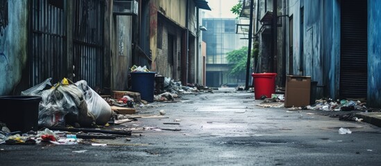 Trash and debris in city alley representing neglect environmental impact and throwaway culture - obrazy, fototapety, plakaty