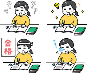 勉強している私服の女性のセット