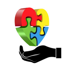 Hand holding a 3d colorful heart. Vector isolated on white background.	
