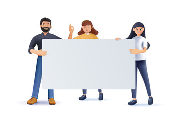 3D group of young men and women standing together and holding blank banner. People taking part in parade or rally. Male and female protesters or activists. 3D cartoon colorful vector illustration