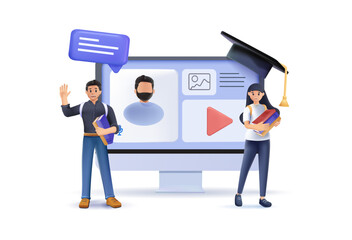 Educational web seminar, internet classes, professional 3D character personal teacher service. Webinar, digital classroom, online teaching metaphors vector illustration. Online tutorials 3D