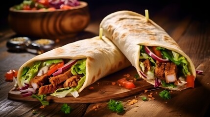 Fresh Turkish doner kebabs in toasted tortilla wraps served on brown paper on a rustic wooden table...