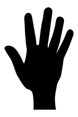 Left hand. Palm five fingers. Black hand isolated on white background. Stop signal. Flat vector illustration