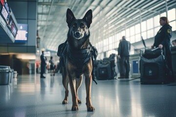 Police dog searching for drugs at an airport.