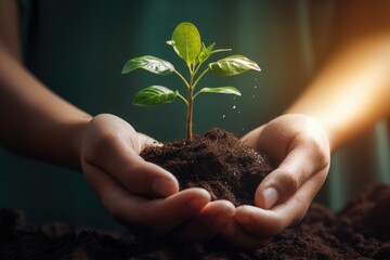 Reforestation concept with hands nurturing a young plant.
