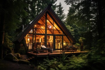 Fototapeta na wymiar Rustic wooden cabin in a serene forest, embodying eco-friendly living.